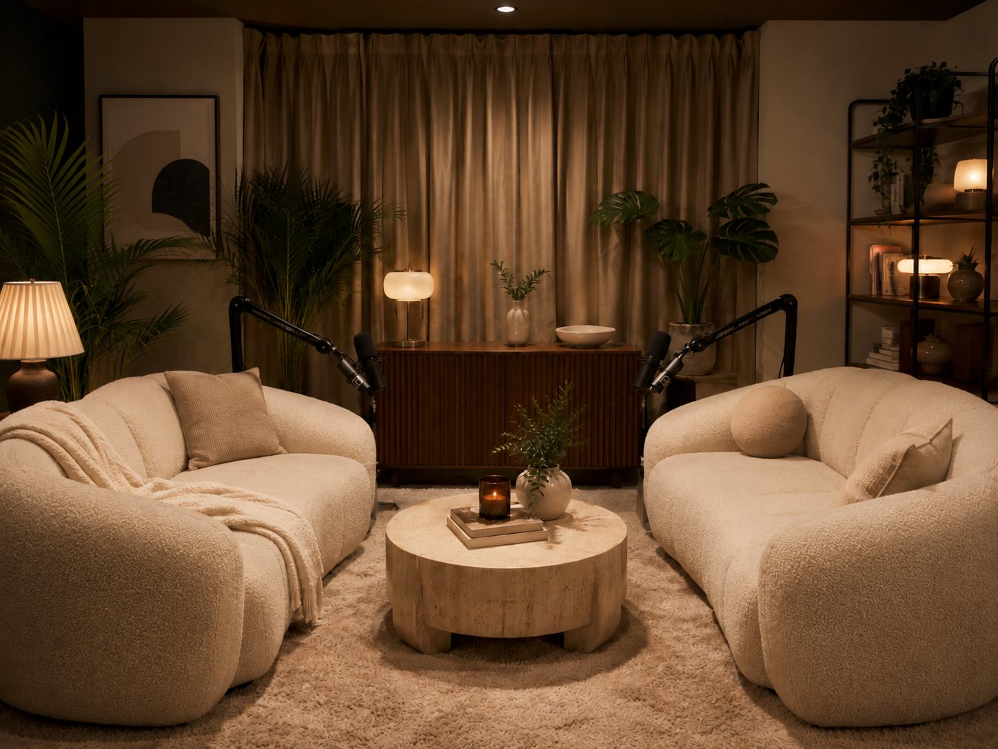 Detail of a broadcast mic over The Cocoon's boucle sofa